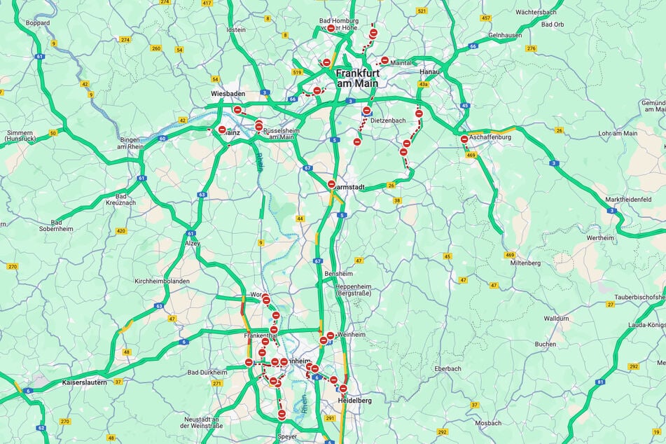 Auch um Frankfurt und Mannheim waren plötzlich viele Vollsperrungen aufgetaucht.