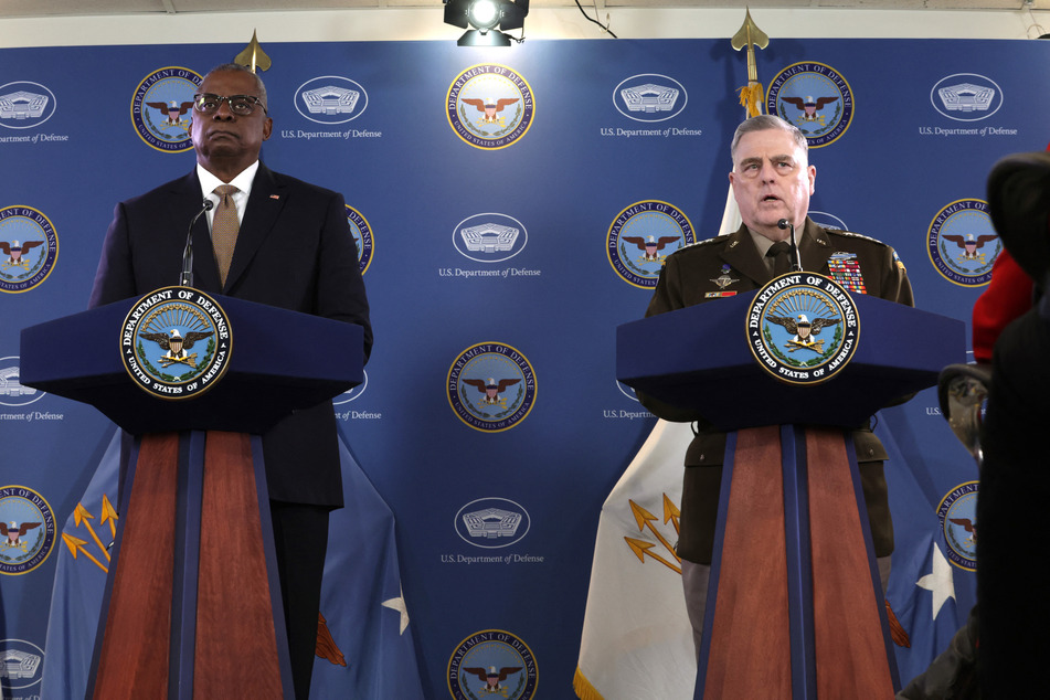 US Secretary of Defense Lloyd Austin (l) and Chairman of the Joint Chiefs of Staff Army Gen. Mark Milley spoke about the US drone incident in the Black Sea during a press conference on March 15.