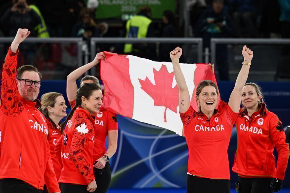 Team Canada celebrates after winning the women's curling bronze medal match against Team USA in the Milan Cortina Olympic Games.
