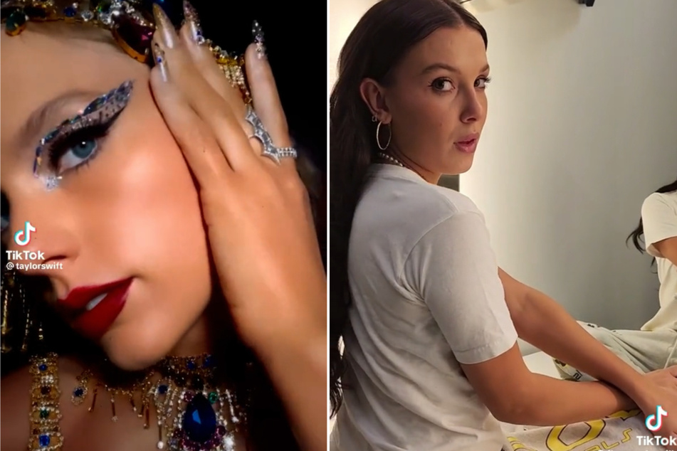 Millie Bobby Brown (r) used a Taylor Swift song in her recent make-up TikTok.