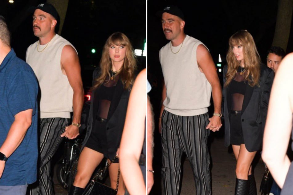 Pop superstar Taylor Swift (r.) and her boyfriend Travis Kelce (l.) hold hands while getting flooded with paparazzi on their way to Lucali's pizza joint.