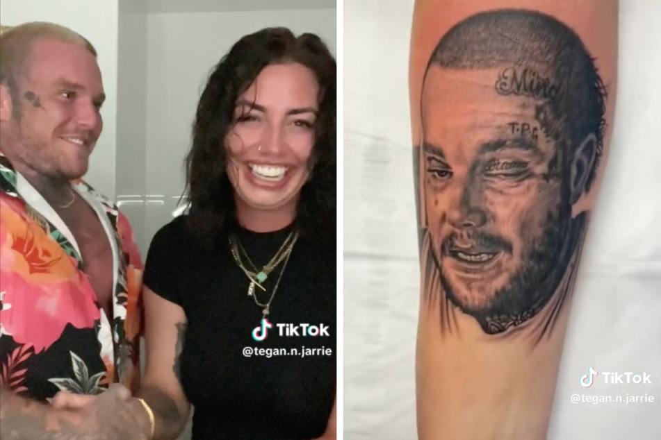 Tegan got back at her husband by getting an unflattering portrait of him on her arm (r.), and shared the hilarious results on TikTok.