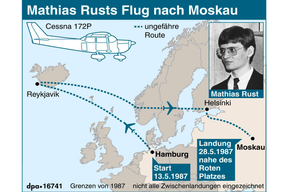 Die Grafik zeigt die ungefähre Flugroute, die Mathias Rust 1987 genommen hat, um am Ende auf dem Roten Platz in Moskau zu landen.