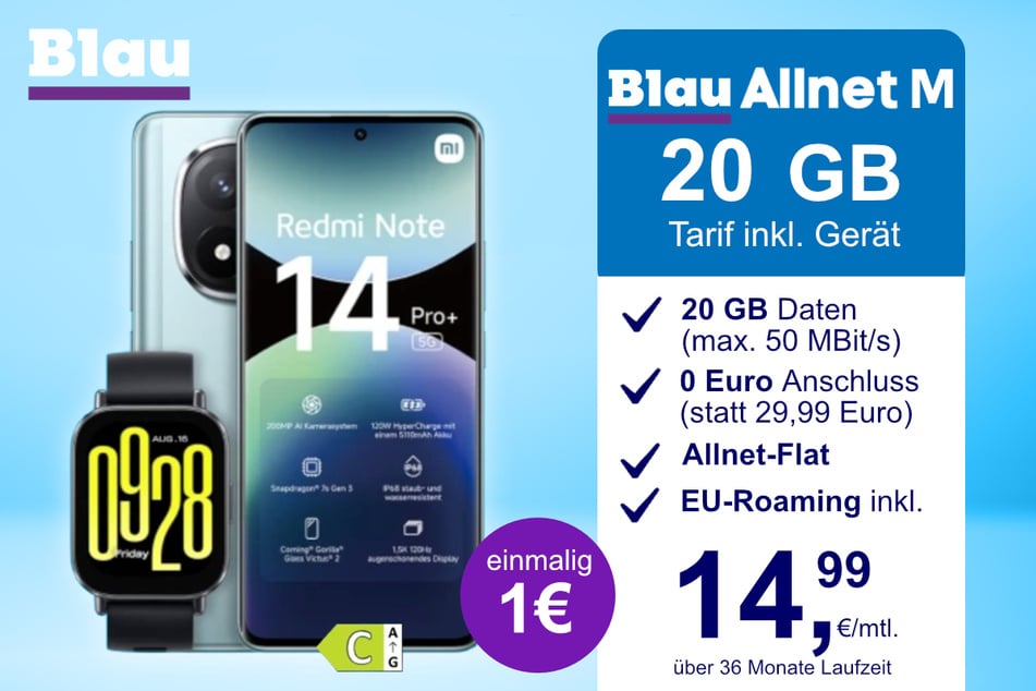 Das Xiaomi Redmi Note 14 Pro Plus + Watch 5 Active im Blau Allnet M für einmalig 1 Euro.