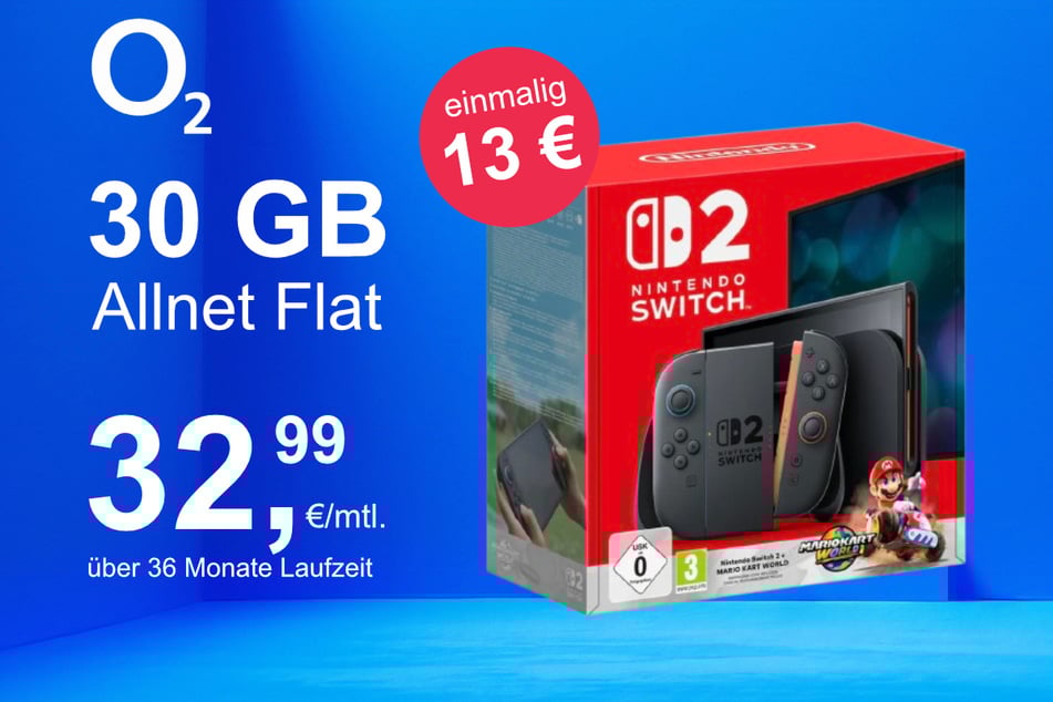 Die Nintendo Switch 2 plus Mario Kart World im o2 Mobile M inkl. 30 GB+ für einmalig nur 13 Euro.