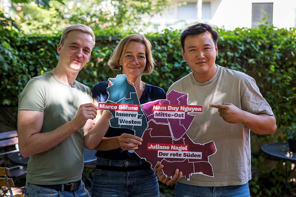 Marco Böhme (34, l.), Juliane Nagel (45) und Nam Duy Nguyen (28) wollen in Leipzig für die Linke angreifen.