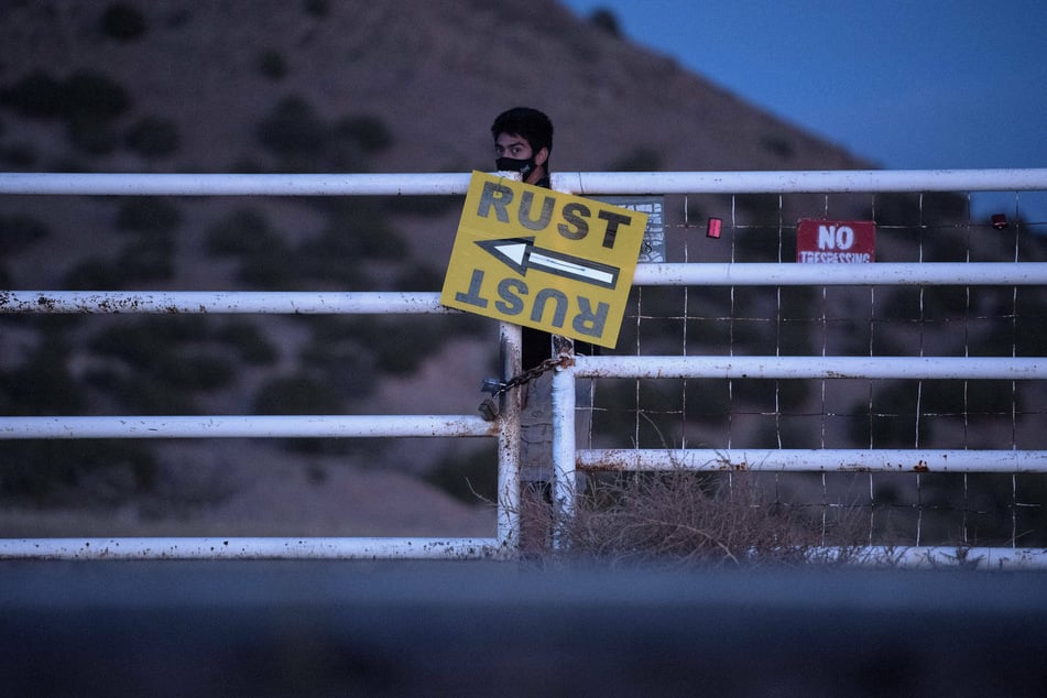 A sign pointing to the set of Rust on Bonanza Creek Ranch, near Santa Fe, New Mexico.