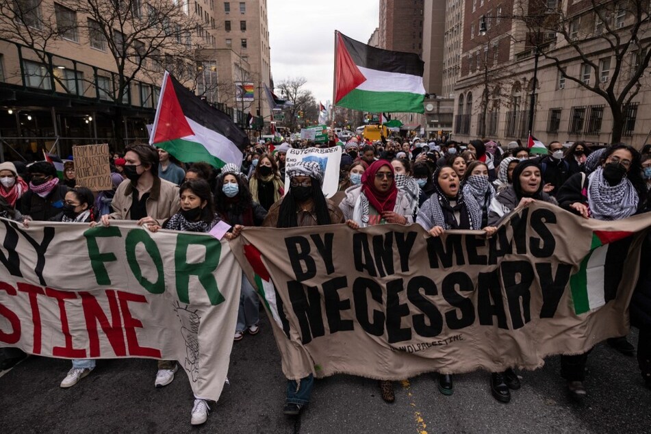 Pro-Palestinian protesters participate in an "All out for Palestine" rally at Columbia University in New York.