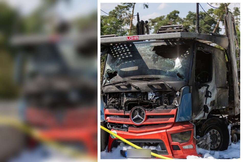 Unfall A5: Laster nach Reifenplatzer ausgebrannt: Fahrer (35) bei Löschversuch schwer verletzt