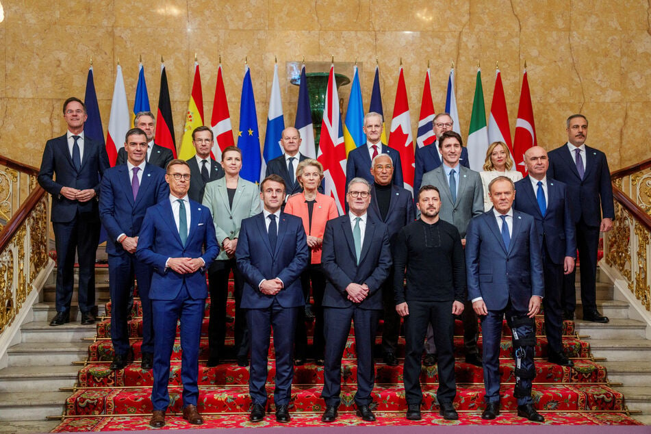 European and NATO leaders pose for a group photograph during a summit held at Lancaster House in central London on March 2, 2025.