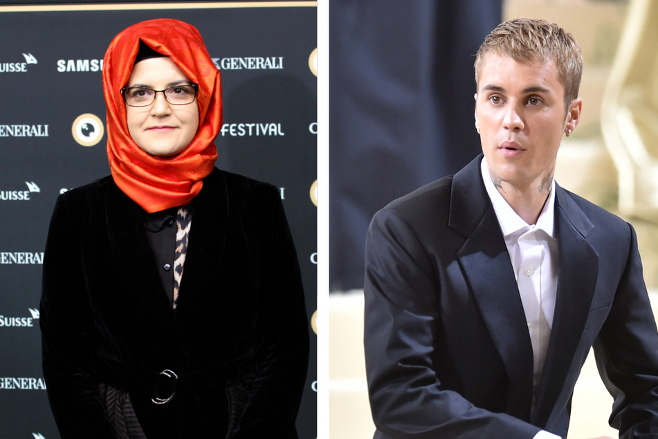 Hatice Cengiz (l.), fiancée of murdered journalist Jamal Khashoggi, has publically urged Justin Bieber (r.) to boycott the Saudi Arabian "regime" through his upcoming performance.