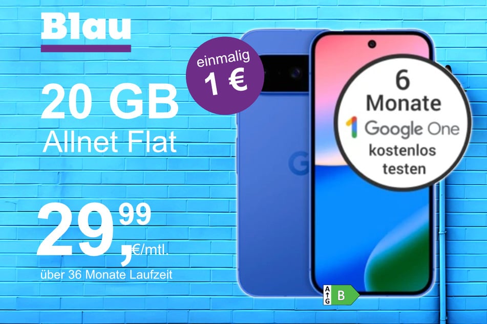 Das Google Pixel 10 im Blau Allnet M für einmalig 1 Euro.