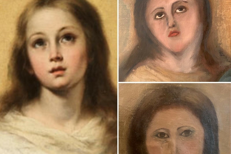Die vom Sammler zur Verfügung gestellte Kombo zeigt die Kopie eines der Marienbildnisse des spanischen Barockmalers Bartolome Esteban Murillo (l.), den ersten Restaurierungsversuch (oben) und den zweiten.