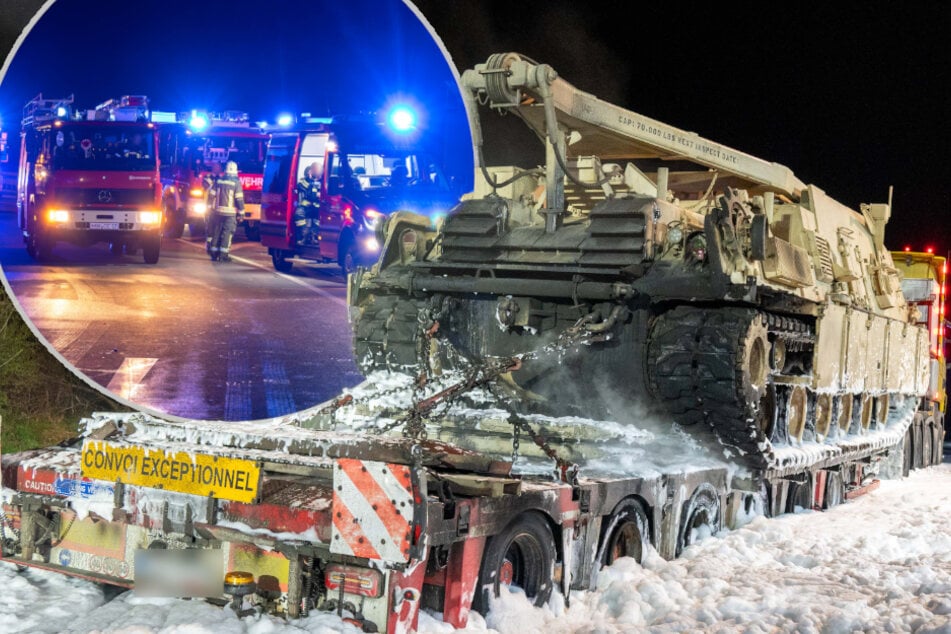 Unfall A4: Er hatte einen US-Panzer an Bord: Tieflader brennt auf A4-Raststätte