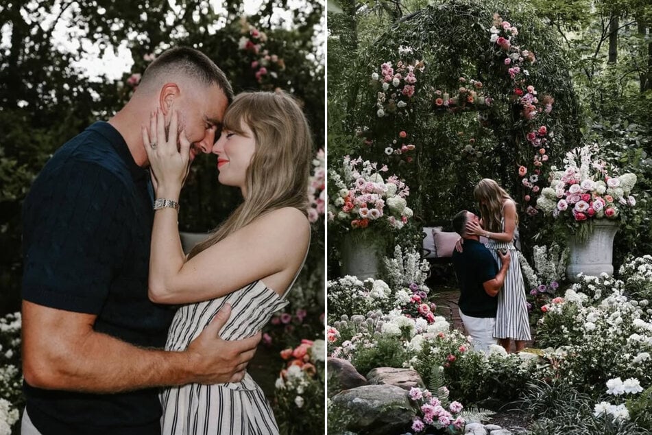 Taylor Swift has announced she's engaged to Travis Kelce (l.) after two years of dating.