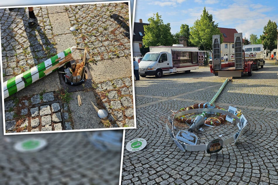 Leipzig: Kurioser Vorfall am Rande der Stadt: Auto fällt "vorzeitig" Maibaum!