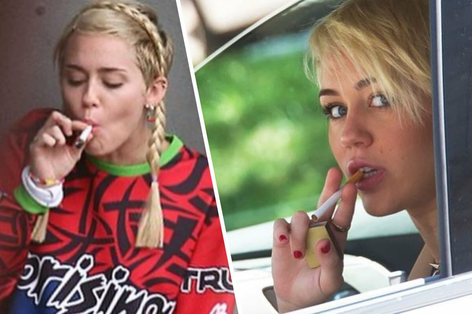 Miley Cyrus (28) posted a string of photos of herself smoking cigarettes (collage).