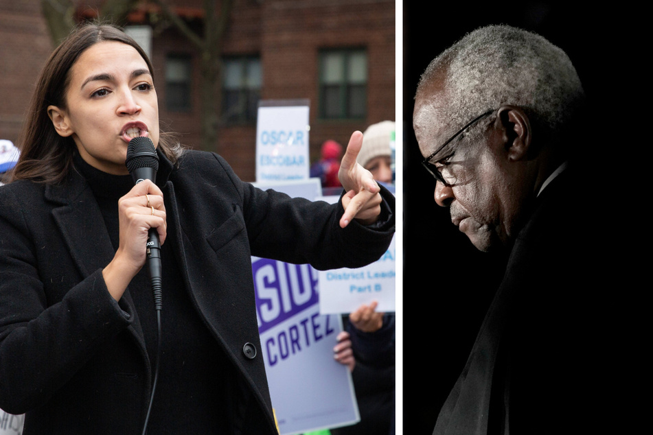 New York Rep. Alexandria Ocasio-Cortez (l.) on Tuesday took to Twitter to call for Supreme Court Justice Clarence Thomas' resignation.