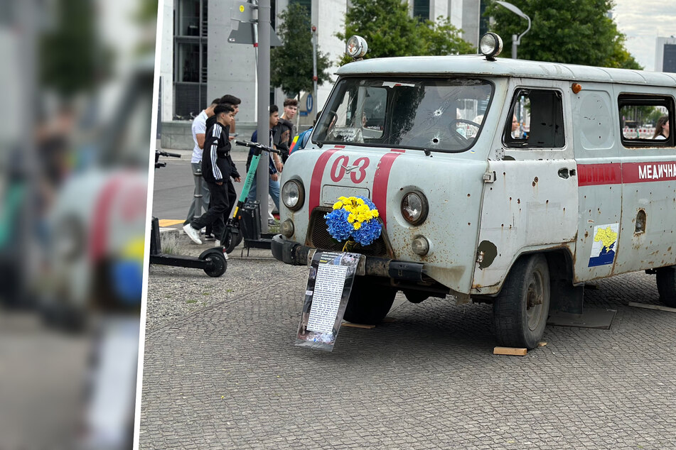 Dresden: Mahnung an Kriegsgräuel in der Ukraine: Zerschossener Krankenwagen in Dresden