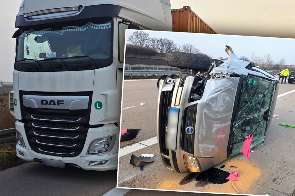 Unfall A14: Gefährliche Kettenreaktion nach Reifenplatzer auf A14: Fiat überschlägt sich