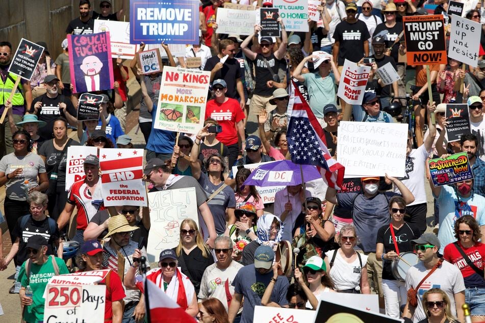 Protesters rallied against the Trump administration's use of the National Guard and its brutal immigration crackdowns.