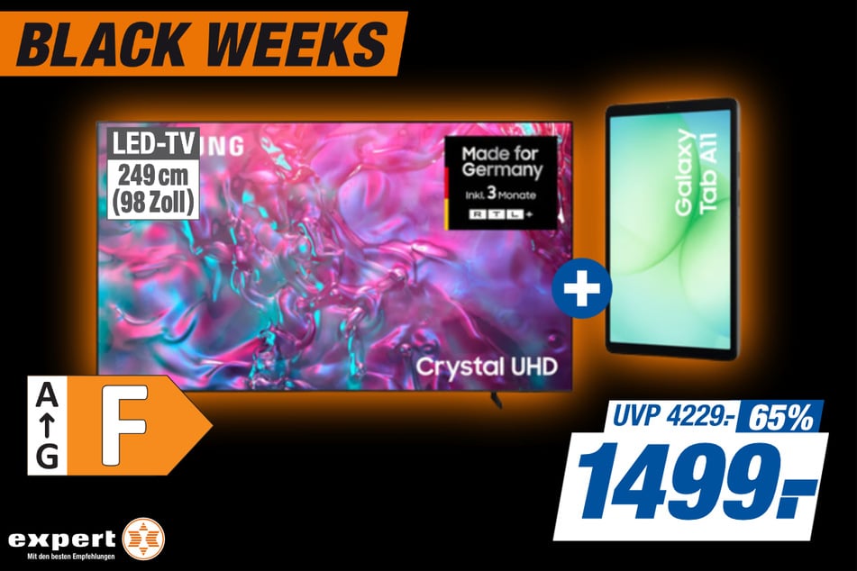 98-Zoll Samsung-Fernseher GU98DU9079UXZG PLUS Samsung Galaxy Tab A11 (64GB) für 1.499 statt 4.299 Euro.