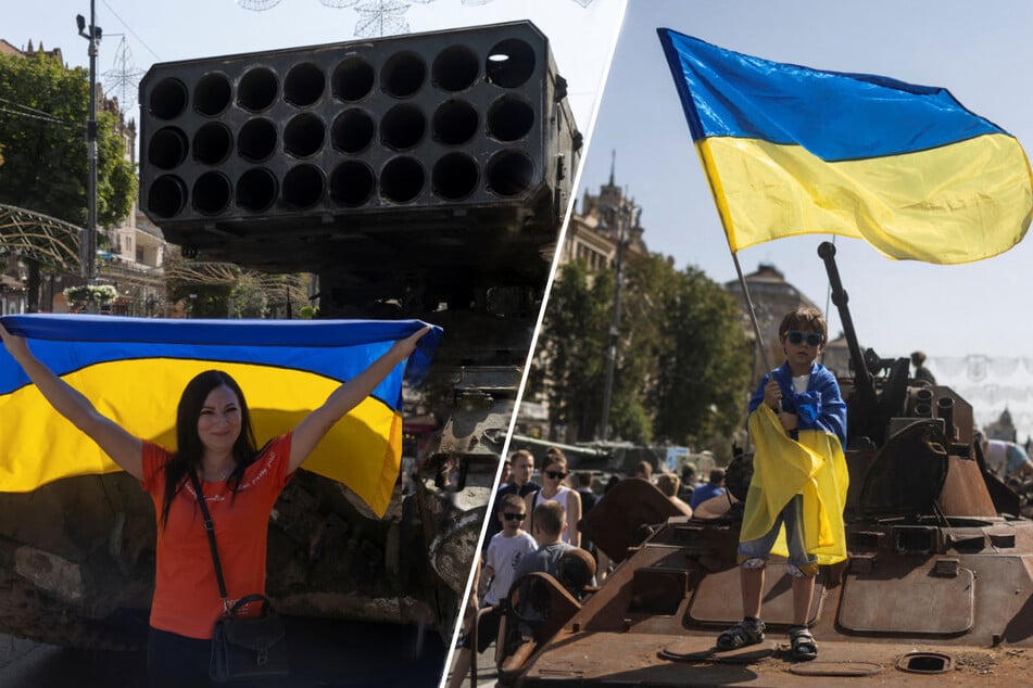 Ukrainians visit an exhibition of destroyed Russian military vehicles and weapons, dedicated to the upcoming country's upcoming Independence Day.