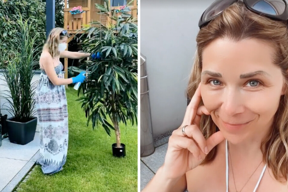 Die frühere "Alles was zählt"-Darstellerin besprüht ihre Kunstpflanzen im Garten mit einem UV-Schutz aus dem Internet.