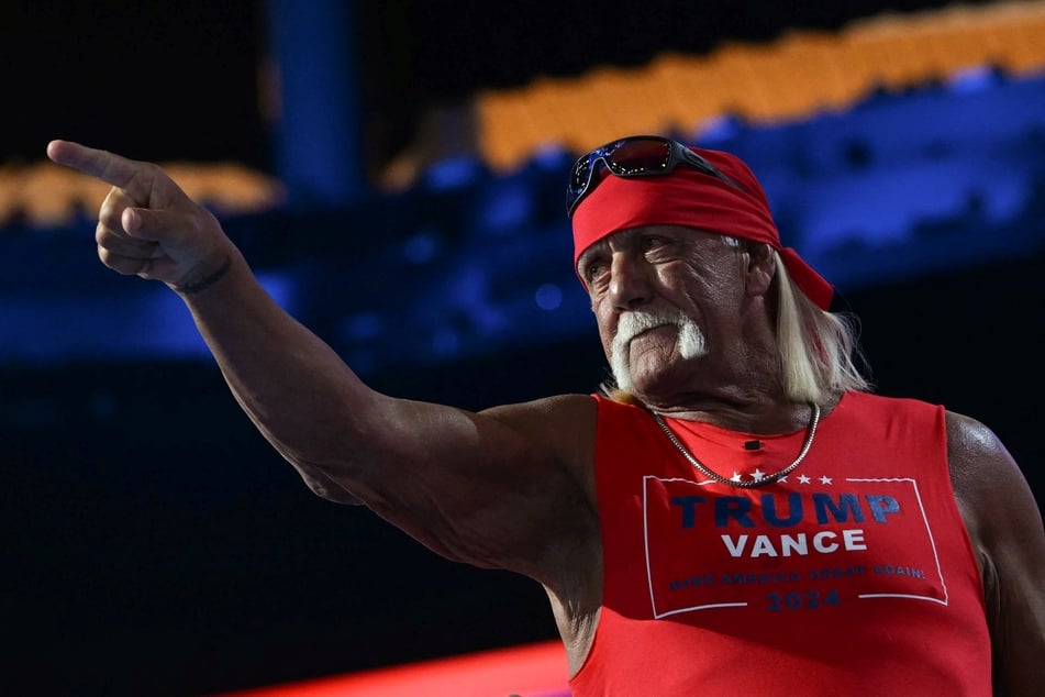 Pro-wrestler Hulk Hogan gestures onstage wearing a Trump-Vance campaign shirt during the last day of the 2024 Republican National Convention at the Fiserv Forum in Milwaukee, Wisconsin, on July 18, 2024.