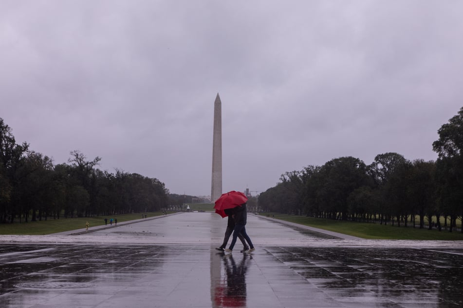 Rain hit the steps of the Lincoln Memorial on Saturday in Washington DC from Tropical Storm Ophelia brought.
