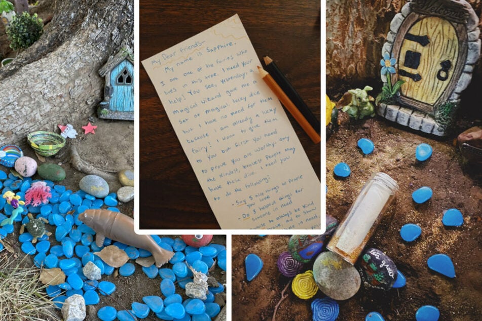 Kelly noticed a child's fairy garden while walking around her the neighborhood (l.). She slipped into the role of Sapphire the fairy and left messages (c.) on the tree for the girl (collage).