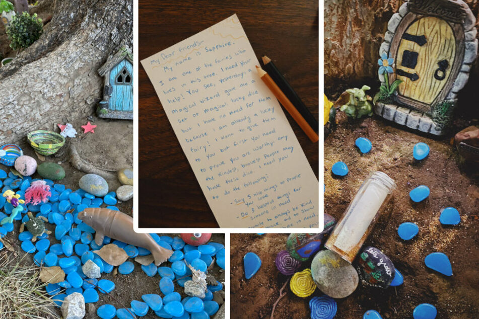 Kelly noticed a child's fairy garden while walking around her the neighborhood (l.). She slipped into the role of Sapphire the fairy and left messages (c.) on the tree for the girl (collage).