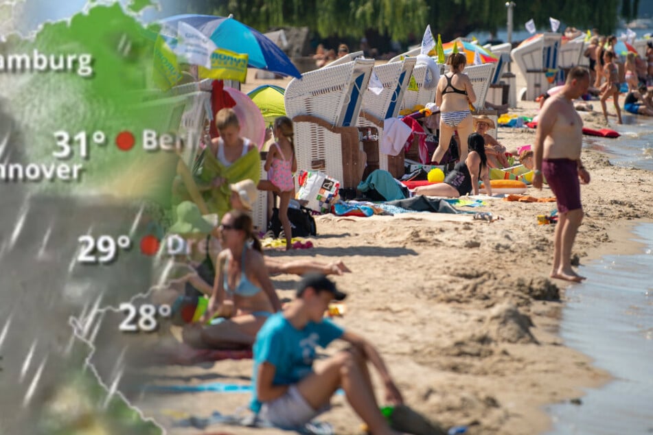Zahlreiche Menschen genießen das sommerliche Wetter am Strandbad Wannsee.
