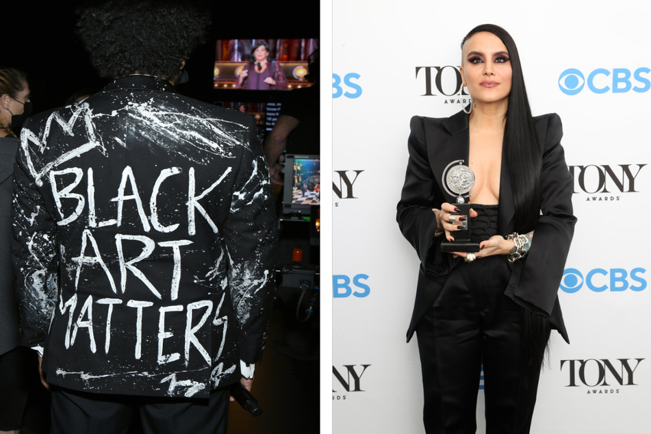 Chester Gregory (l.) made a statement onstage with his tuxedo, while Sonya Tayeh (r.) showed off her award for Best Choreography in the press room during the 2021 Tony Awards.