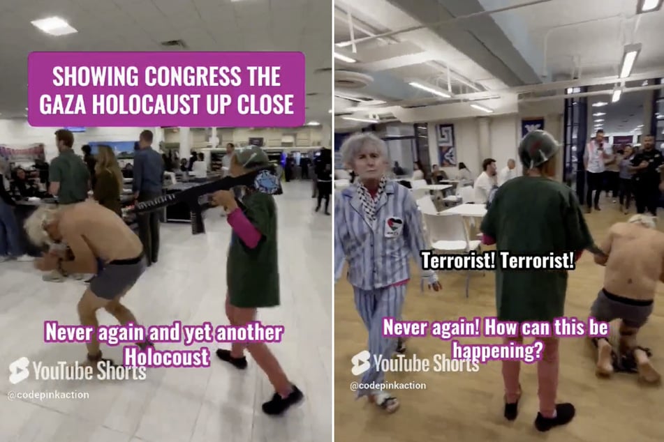 CODEPINK activists participate in a dramatization of Israeli human rights abuses in northern Gaza during an action in the US Congress' cafeteria.