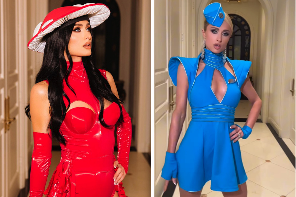 Paris Hilton verkleidete sich zu Halloween als Katy Perry im glutroten Fliegenpilz-Kostüm und stellte Britney Spears als toxische Flugbegleiterin nach.