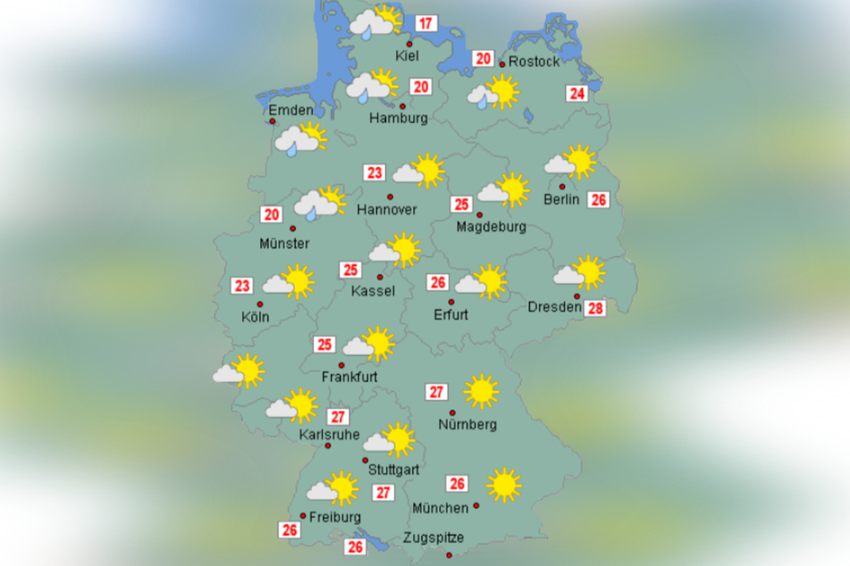 Am Montag ist deutschlandweit mit Temperaturen von 16 bis 29 Grad zu rechnen.