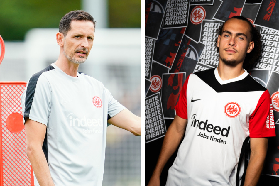 Ob SGE-Chefcoach Dino Toppmöller (43, l.) seinen namhaften Neuzugang Arthur Theate (24) unmittelbar in die Startformation stellt, ist noch nicht vollends geklärt.