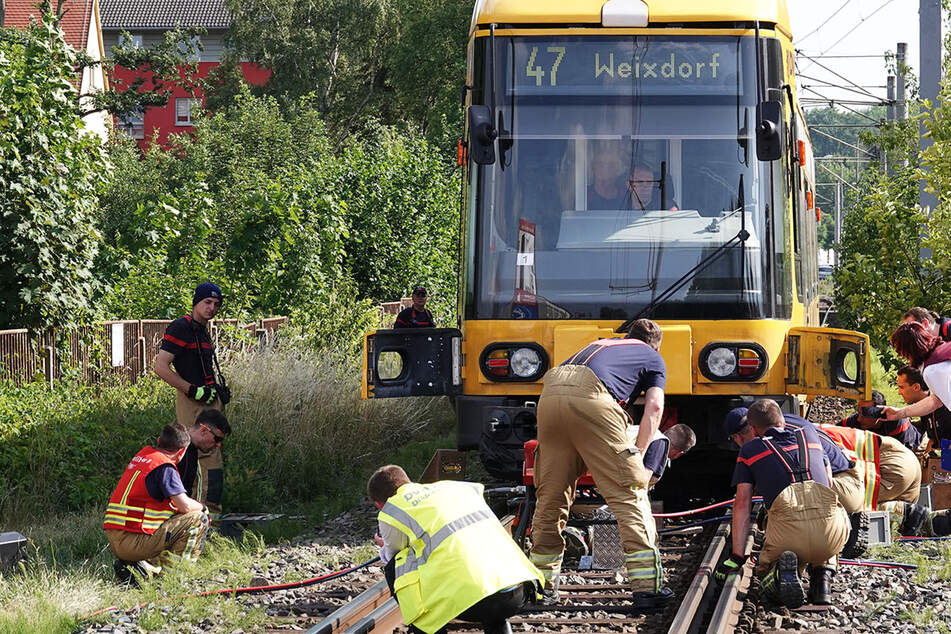 Dresden: Straßenbahn in Dresden entgleist: Feuerwehr rückt mit schwerem Gerät an