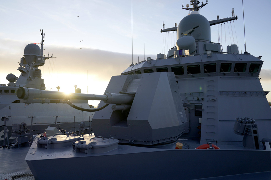 An automatic naval gun mounted aboard a Russian warship, part of the Russian Baltic Fleet base in Baltiysk