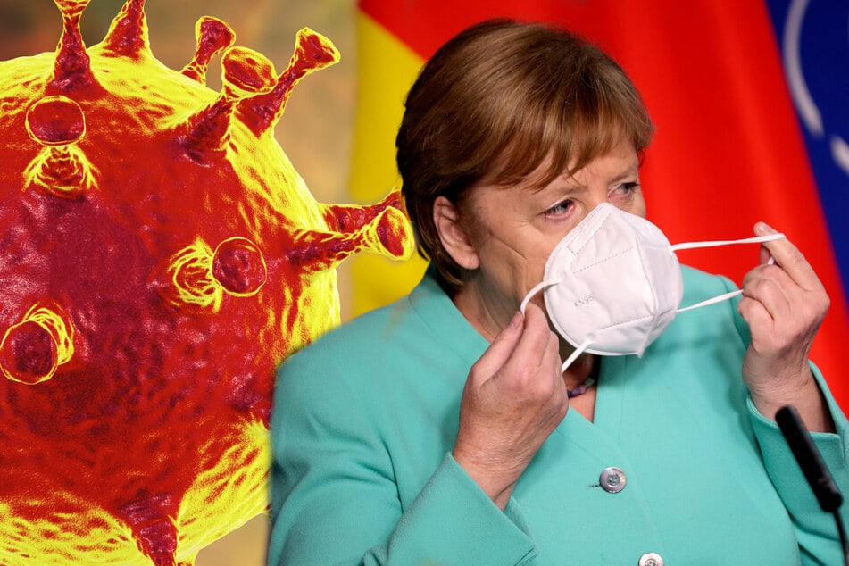 Angela Merkel schützt sich mit einer Maske vor Corona und auch Deutschland hält sich bislang recht gut gegen den Virus. (Bildmontage)