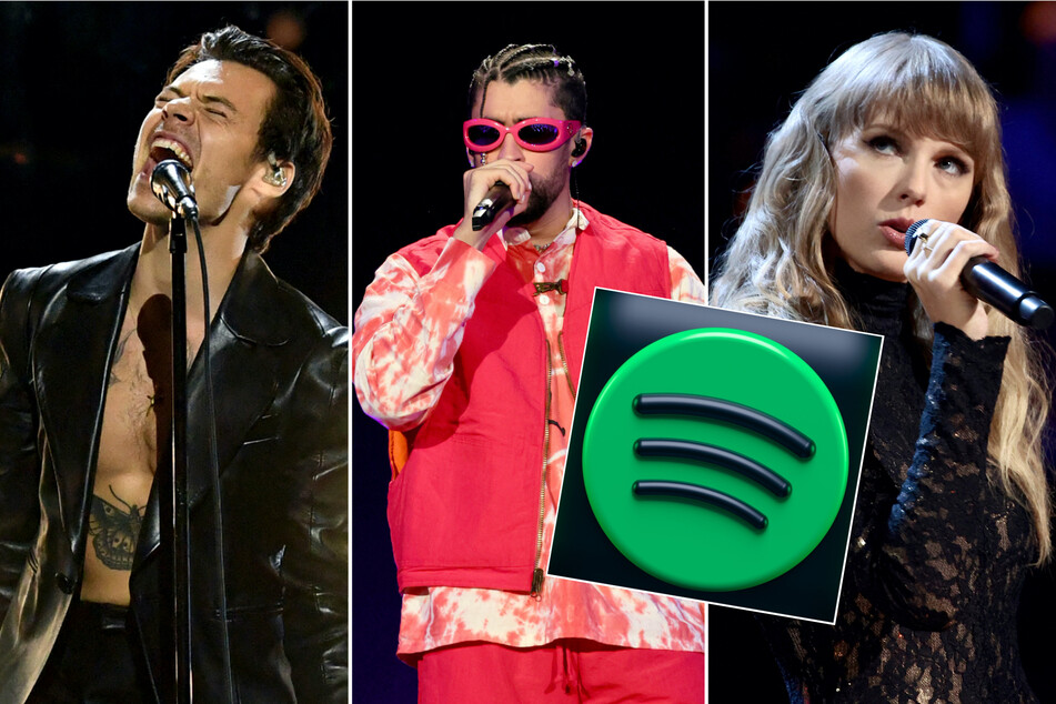 (From l. to r.) Harry Styles, Bad Bunny, and Taylor Swift ranked among the most-streamed artists on Spotify in 2022.