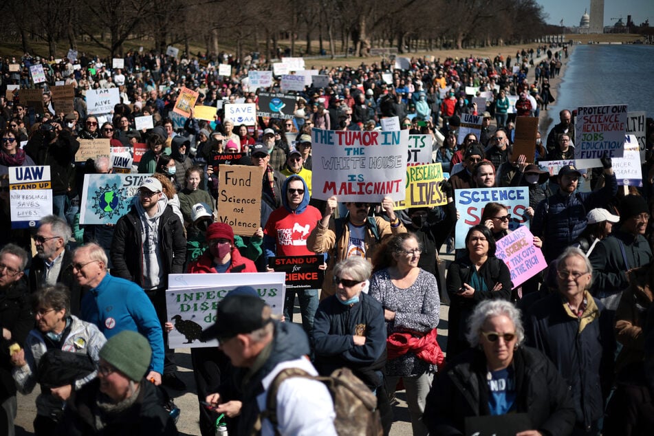 Activists participate in the Stand Up for Science 2025 rally at the Lincoln Memorial on Friday in Washington, DC.