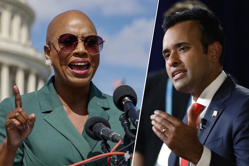 GOP presidential candidate Vivek Ramaswamy (r.) is facing backlash after referring to Massachusetts Congresswoman Ayanna Pressley (l.) as a "modern grand wizard" of the Ku Klux Klan.