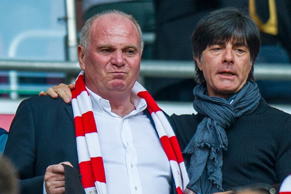 Uli Hoeneß (l., 69) und Bundestrainer Joachim Löw (61) auf der Tribüne der Allianz Arena in München. (Archiv)