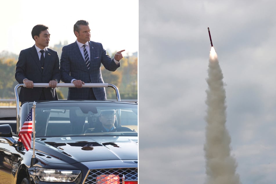North Korea reportedly fired several rockets (r., file photo) ahead of US Secretary of Defense Pete Hegseth's (l., 1st from r.) visit to the South Korean border.