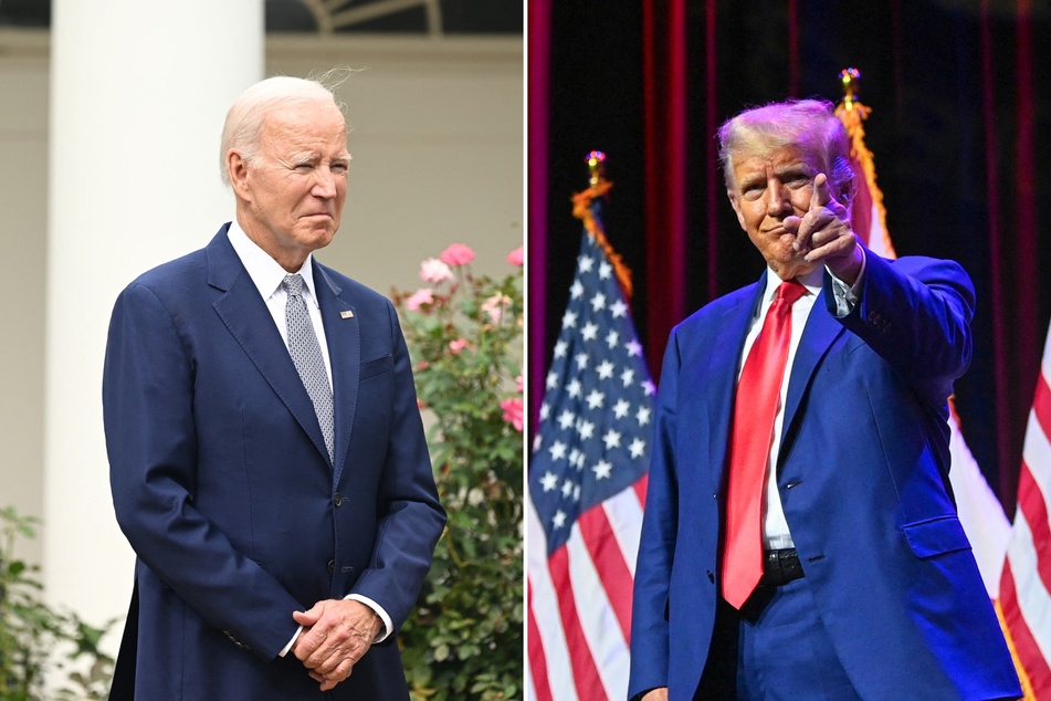 A recent poll shows Donald Trump (r.) leading Joe Biden by a wide margin in the 2024 presidential race, but its creators admit the result is "probably an outlier."
