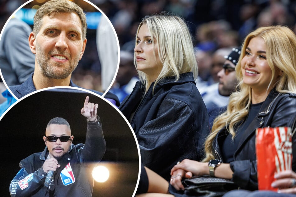 NBA-Ikone Dirk Nowitzki (47, von links), Halbzeit-Show-Star Luciano (31), Model Lena Gercke (37) und Fitness-Influencerin Pamela Reif (29) beim NBA-Spiel in Berlin.