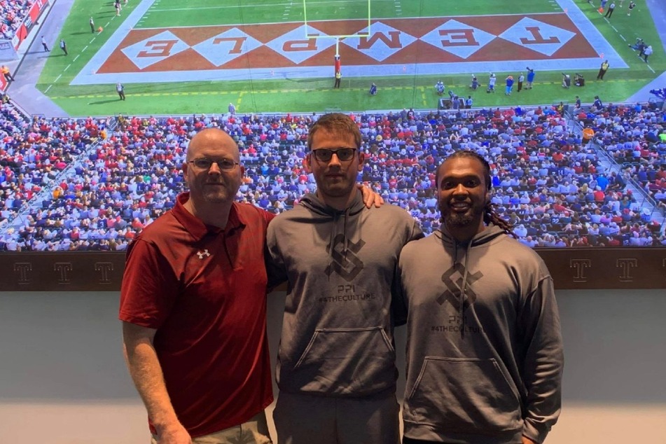 From l. to r.: Former Owls Head Football Coach Ed Foley, Miles Zietek, and Brandon Collier during Zietek's college visit to Temple University.