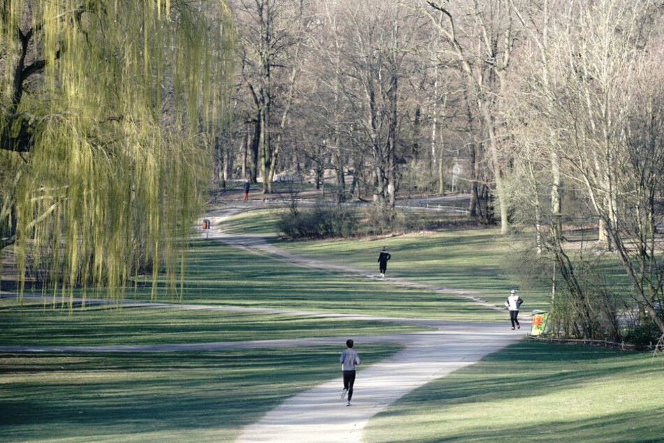 Berlin: Jogger laufen am Morgen durch den Volkspark Schöneberg. Sportliche Betätigungen sind trotz der Ausgangsbeschränkungen weiterhin erlaubt.